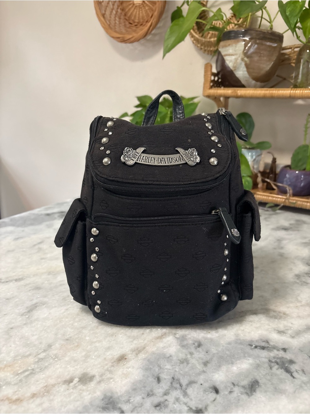 Harley-Davidson Black Studded Mini Backpack with Silver Hardware
